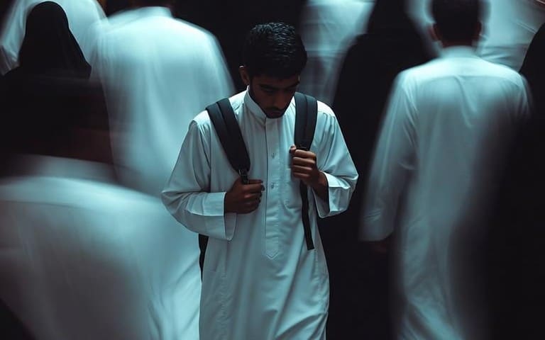 شاب بثوب أبيض يقف ساكنًا مطأطئ الرأس ممسكًا بحزام حقيبته، والناس حوله يمرّون مسرعين في صورة ضبابية من الحركة